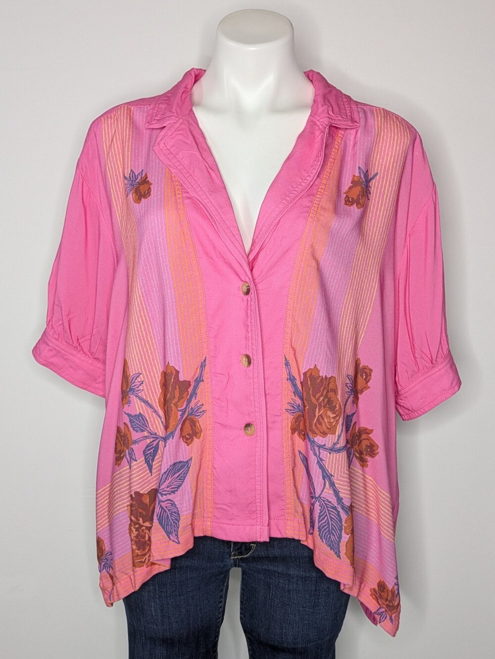 Free People We The Free Big Blooms Pink Floral Oversized Button Up Blouse L